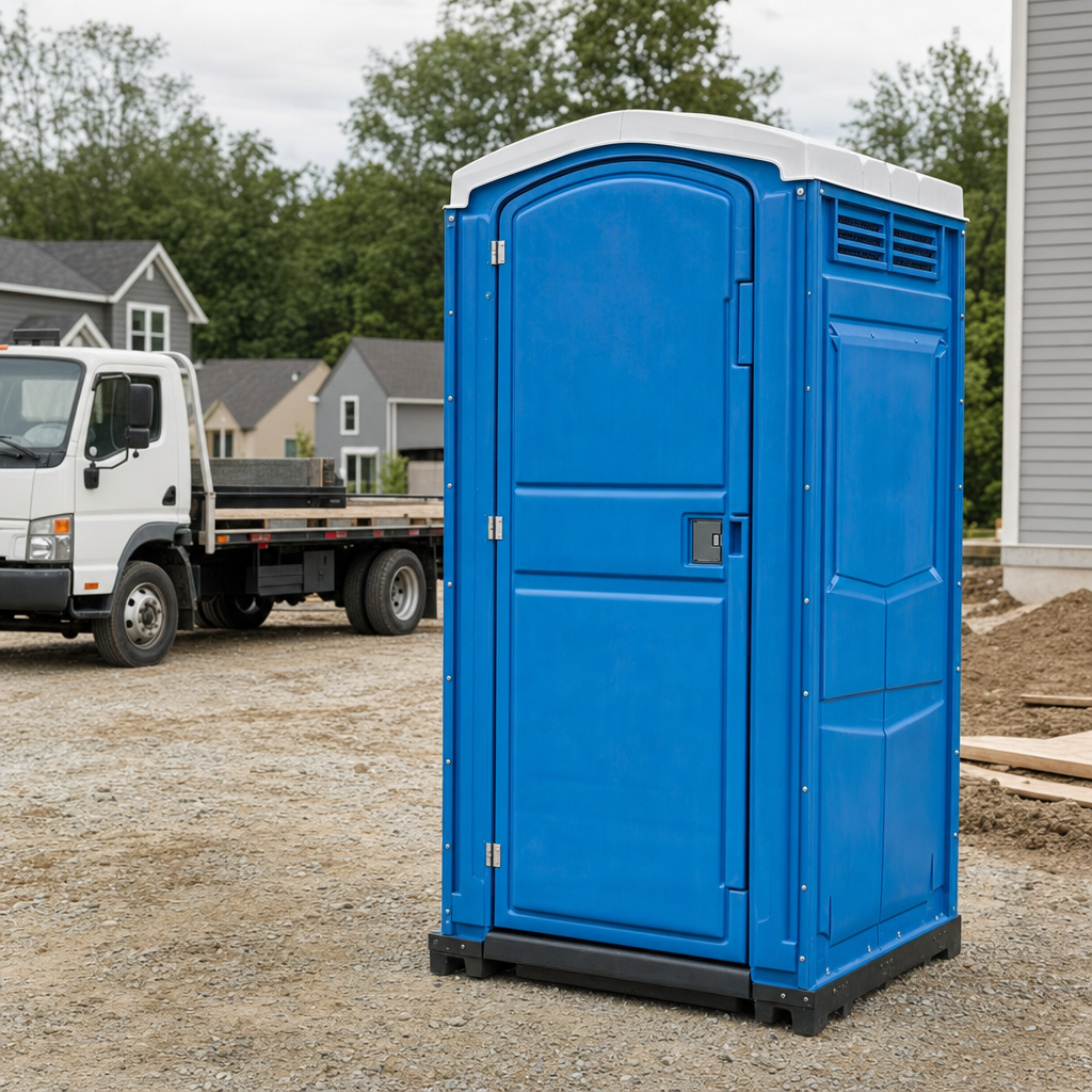 Delivery driver positioning a clean royal-blue portable toilet on level ground at a Jacksonville worksite