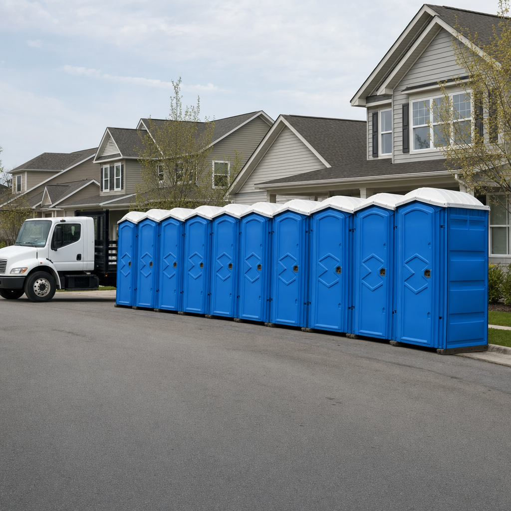 Royal blue portable toilets staged in a tidy row at a Jacksonville jobsite, ready for delivery